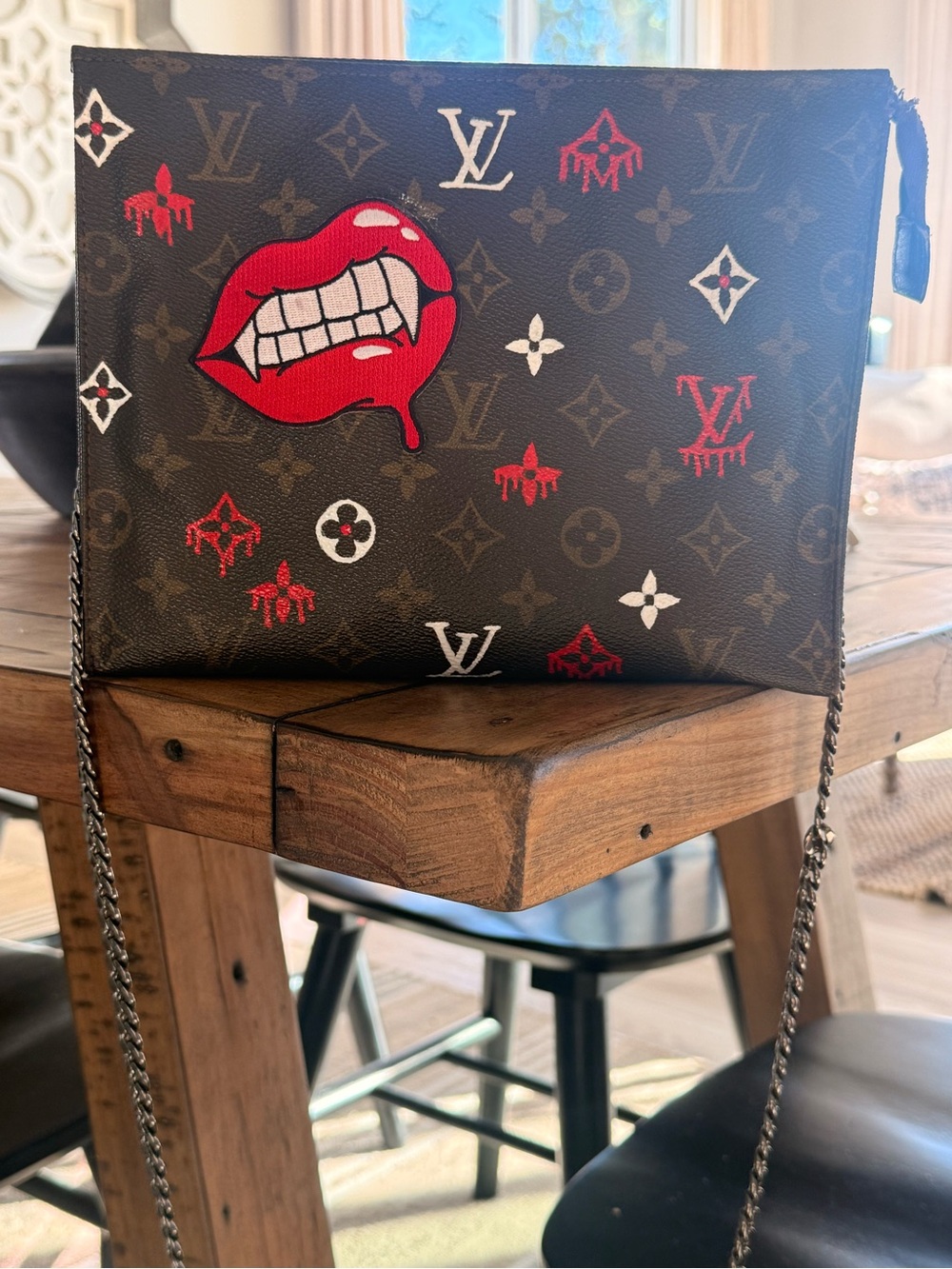 Louis Vuitton Brown Monogram Pouch with Red Lip Graphic patch and hand painted